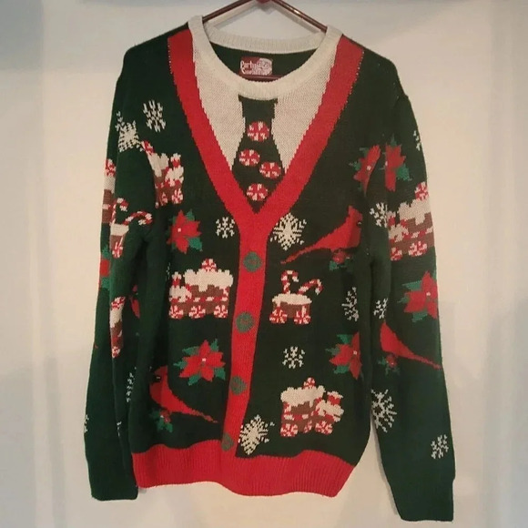 Party Ugly Sweater L Holiday Sweatshirt Red Green Cardinal Birds Unisex - Picture 8 of 15